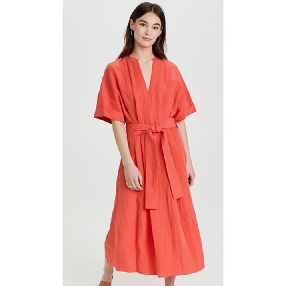 Vince Cuff Sleeve Belted Midi V-Neck Dress in Burnt Orchid M NWOT $425